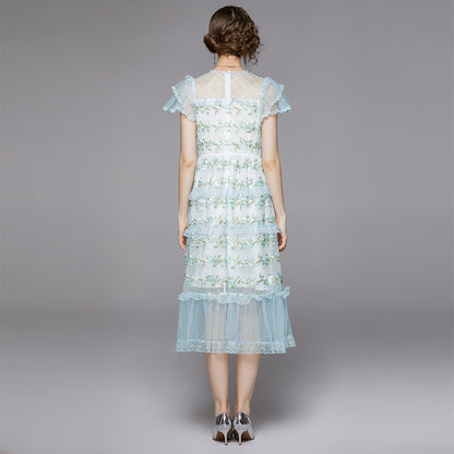 embroidered sheer layered mesh midi dress - blue & green