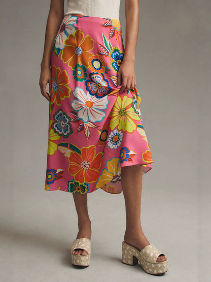Resort-style floral printed A-line midi skirt