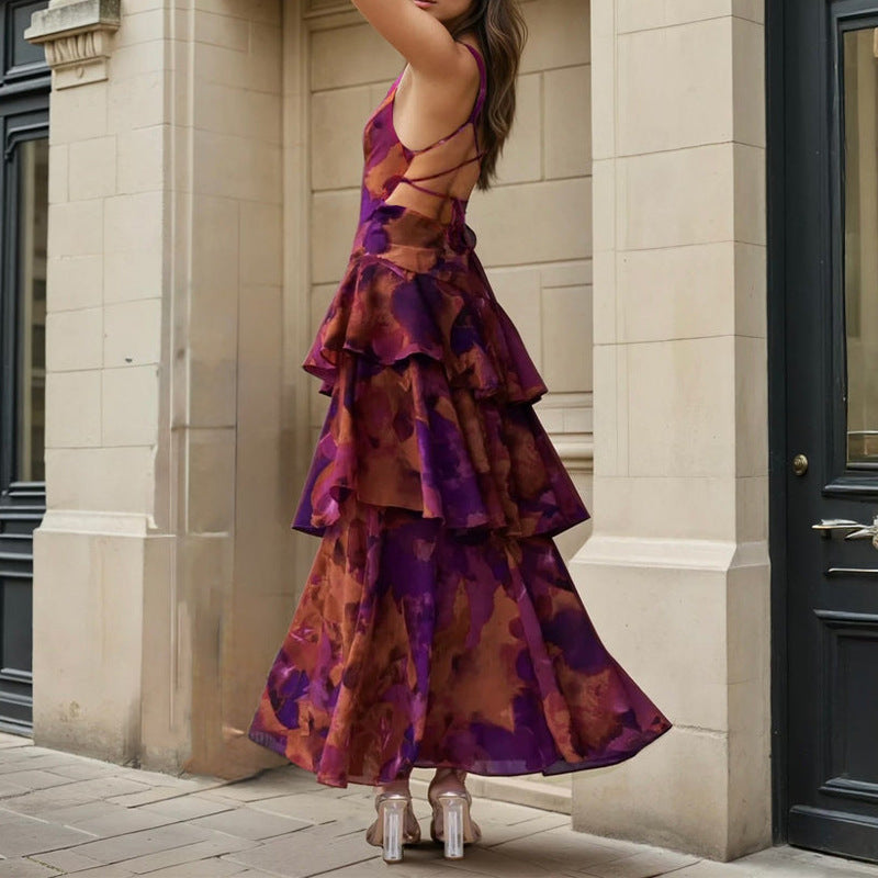 purple V-neck print waist dress