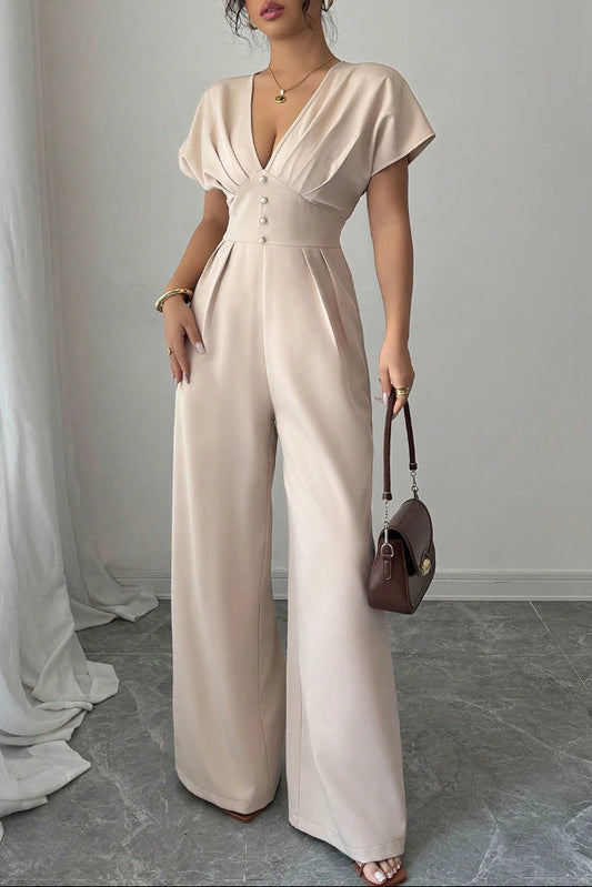 apricot V-neck short-sleeved waist wide-leg jumpsuit