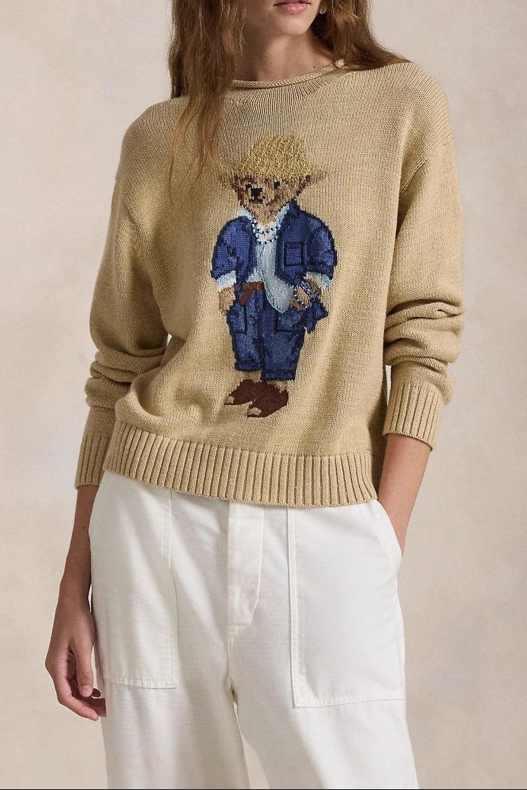 Jacquard long sleeves cartoon straw hat bear knitted sweater
