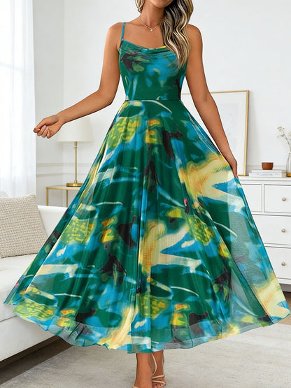 Swing Collar Strap Printed Chiffon Large Hem Waist-Cinching Dress