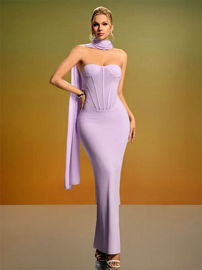 purple strapless backless  fishbone dress