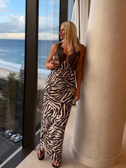 Zebra-print lace-panelled slit camisole maxi dress