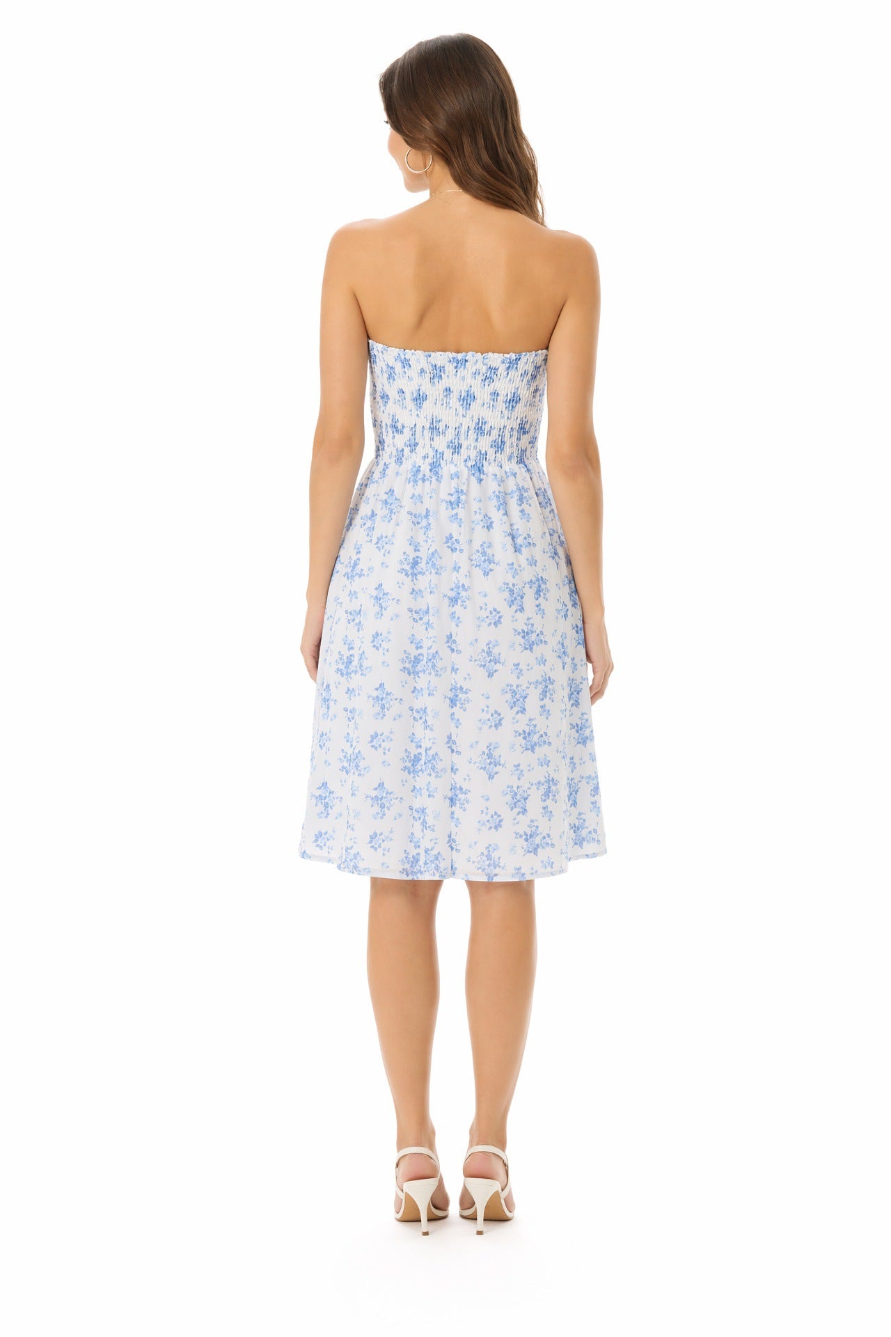 Beach-print strapless midi dress in pale blue