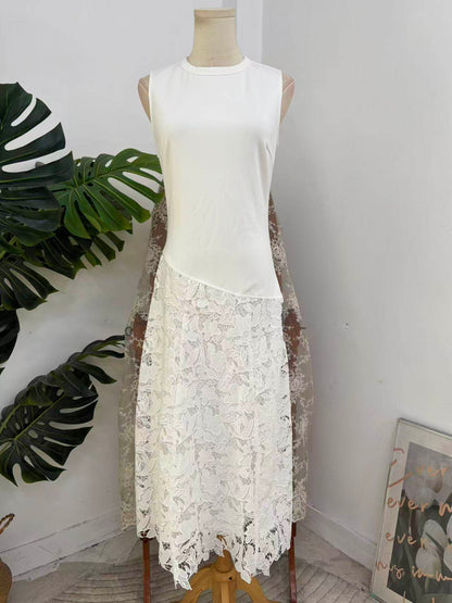 Crew Neck Lace patchwork sleeveless maxi Dress - beige