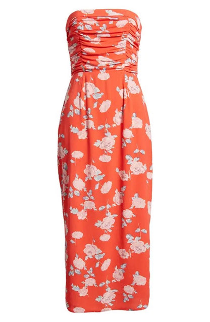 red floral pleated waist slit bandeau dress