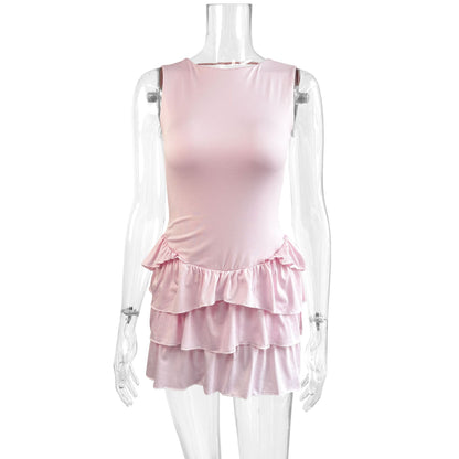 pink Sleeveless round neck tie-up mini dress