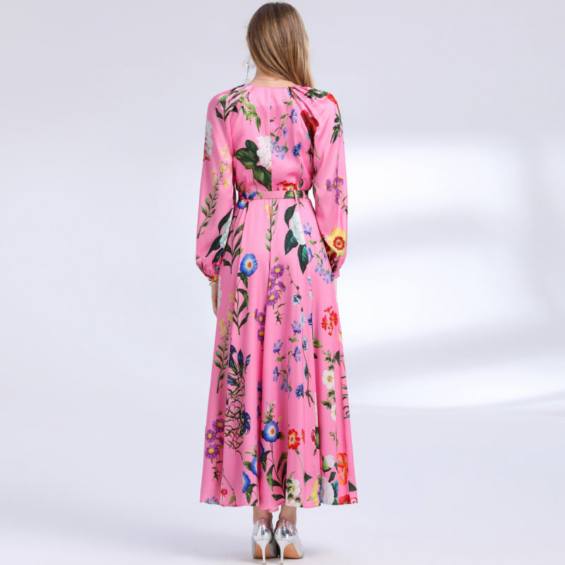 Retro Print Long-Sleeved Single-Breasted Lantern Sleeve maxi Dress