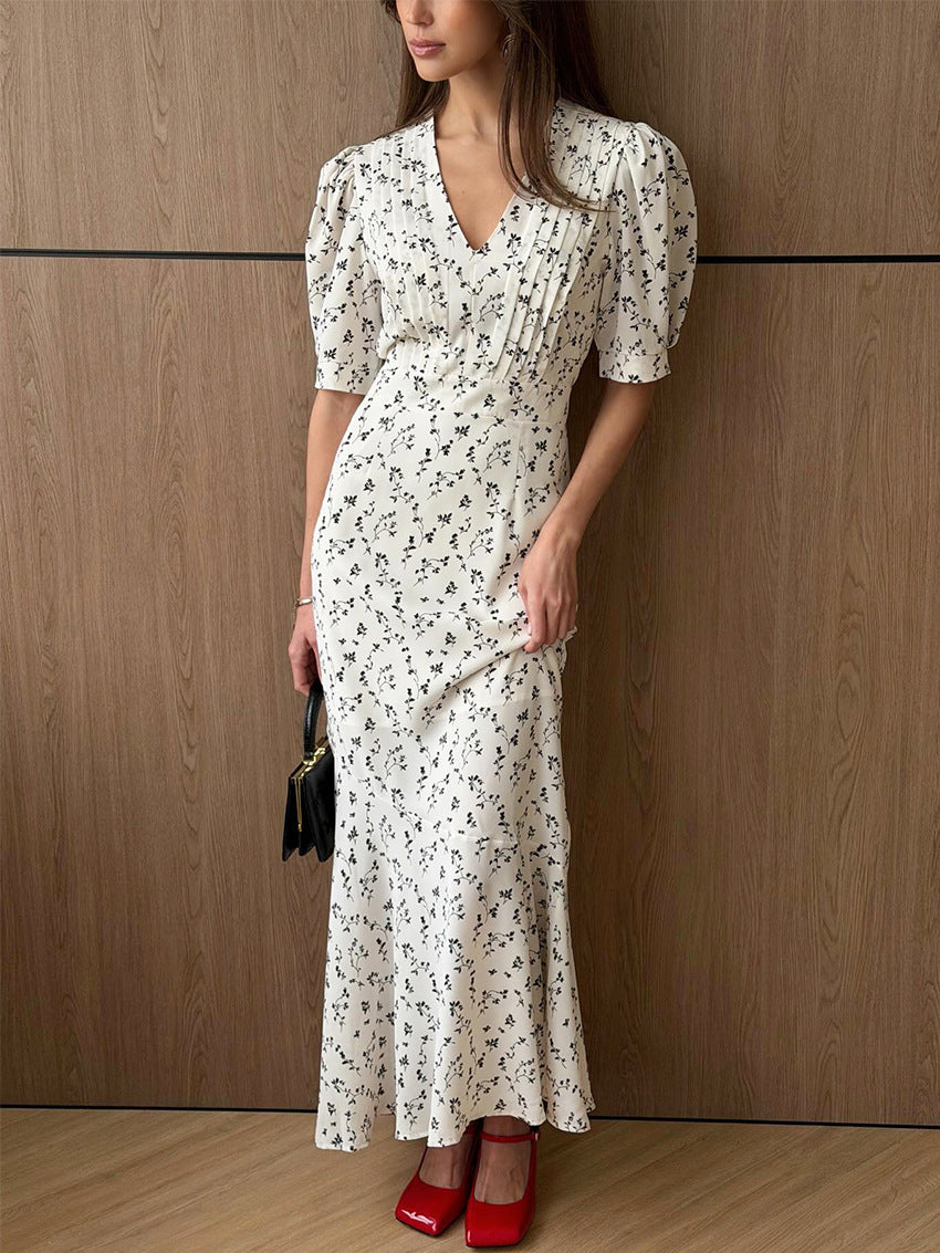 Puff Sleeve Pleated Floral Midi Dress