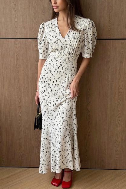 Puff Sleeve Pleated Floral Midi Dress