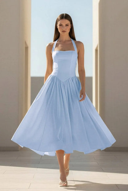 light blue Halter Strappy Backless midi Dress