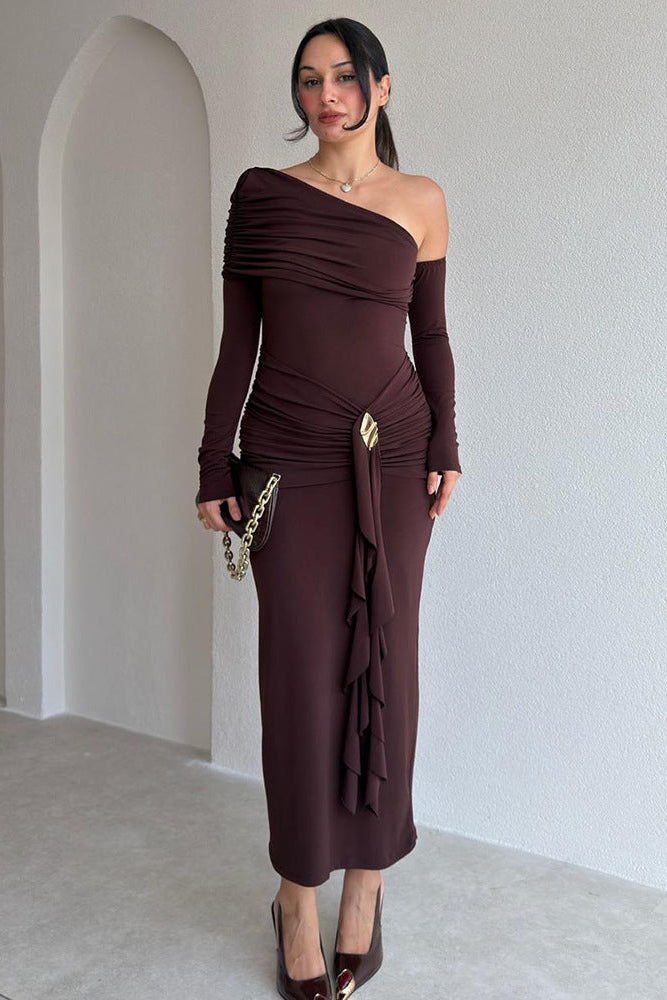 Asymmetric One-Shoulder Burgundy Midi Dress Premium Fabric - product view 2