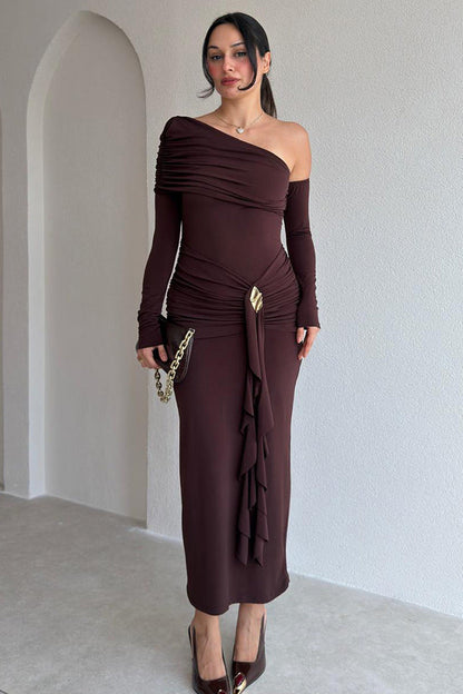 Asymmetric One-Shoulder Burgundy Midi Dress Premium Fabric - product view 2