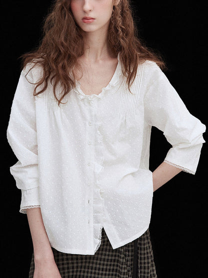 Ruffled lace trim deep V-neck shirt