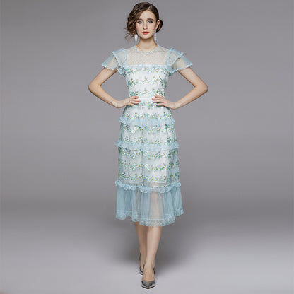 embroidered sheer layered mesh midi dress - blue & green