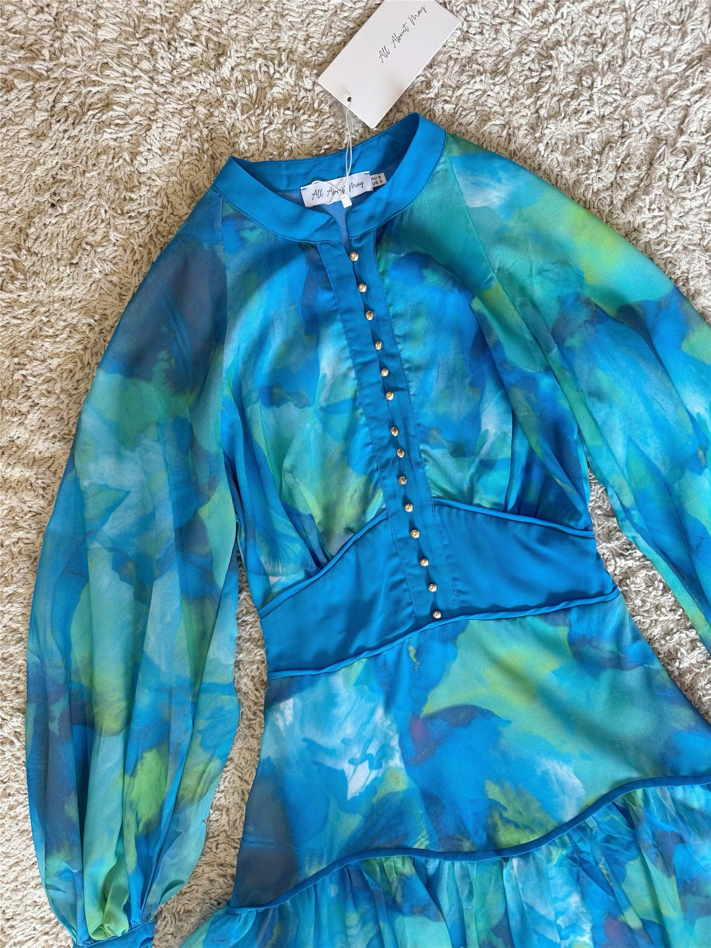 peacock blue graded button waist-cinching dress