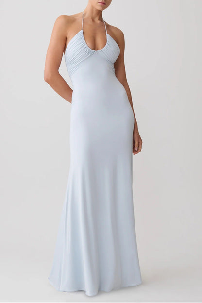 blue halterneck open back slip dress