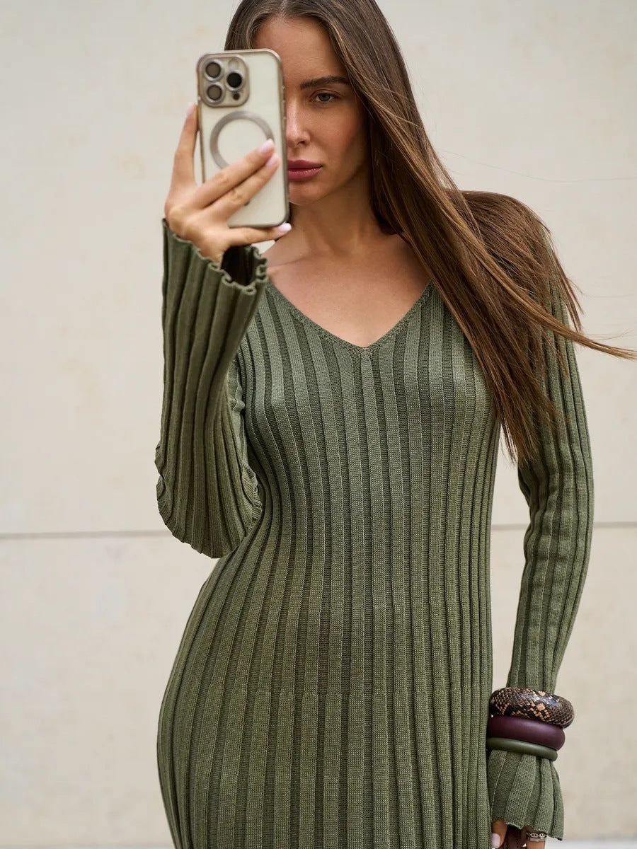Olive Green Ribbed Knit Maxi Dress Premium Fabric - product view 6