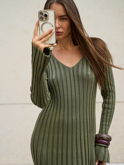 Olive Green Ribbed Knit Maxi Dress Premium Fabric - product view 6