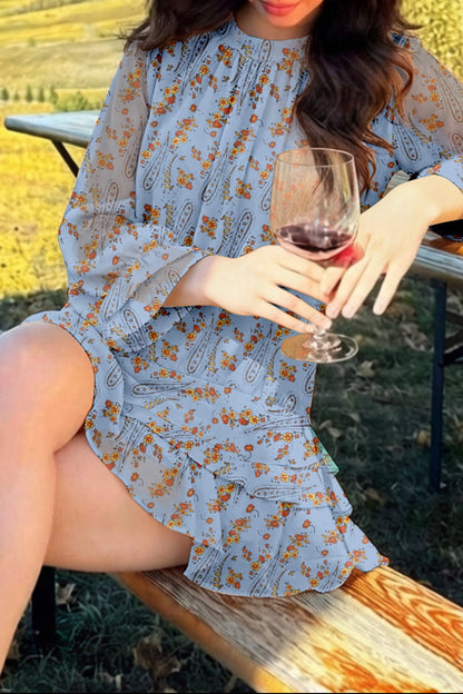 Layered turtleneck long-sleeved floral print mini dress