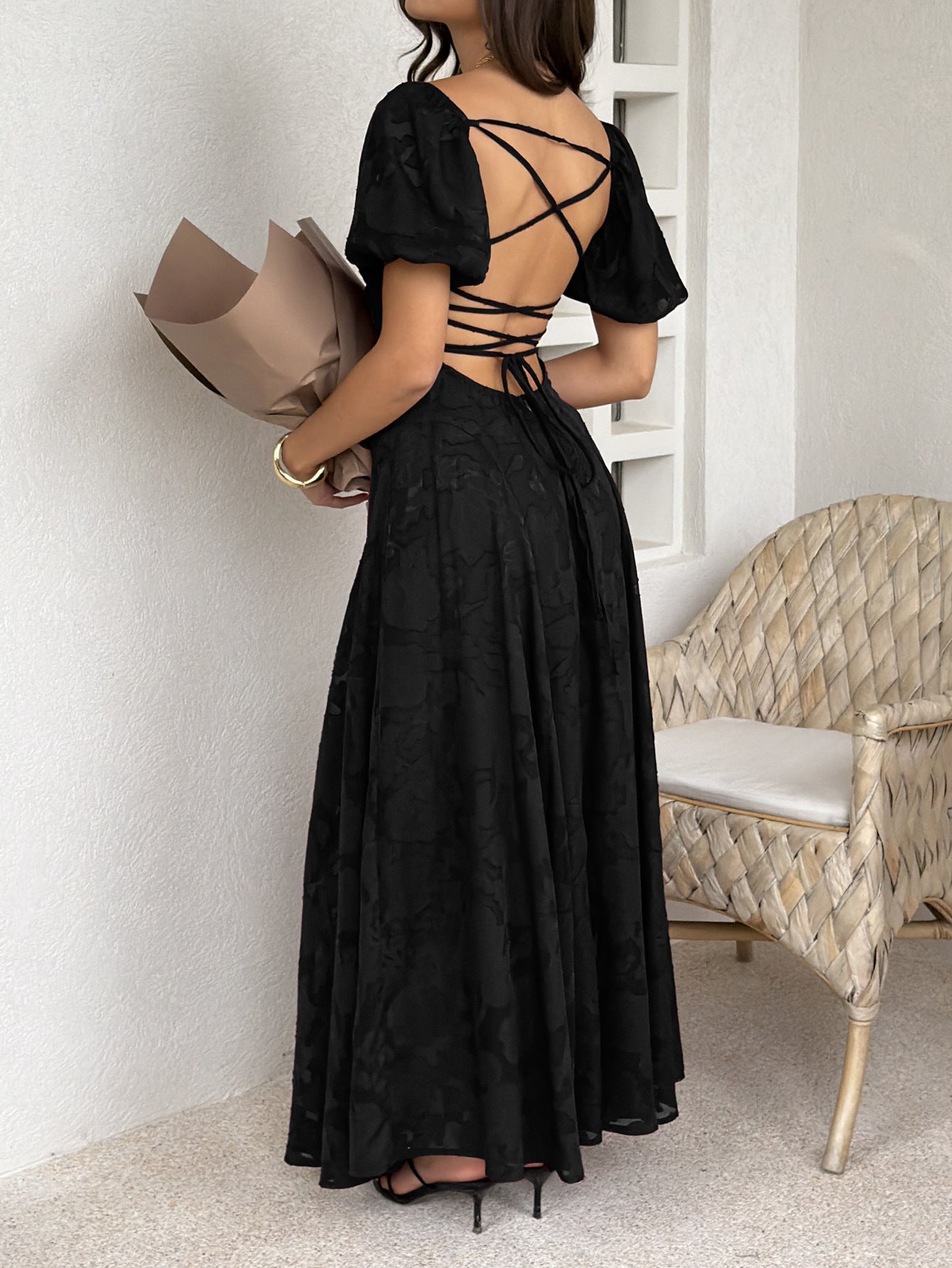black square neck puff neck jacquard waist dress