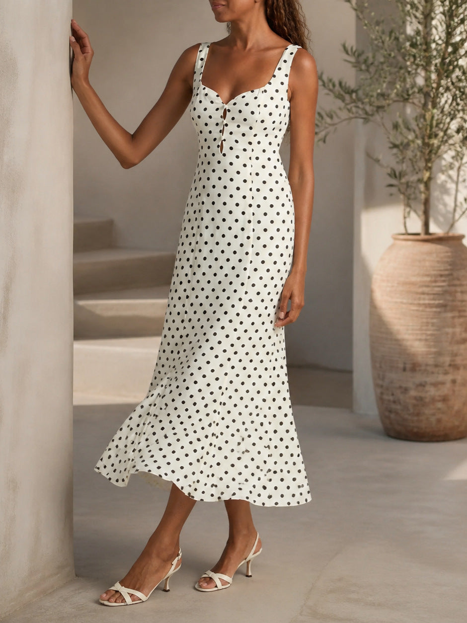 white square neck suspender backless maxi dress