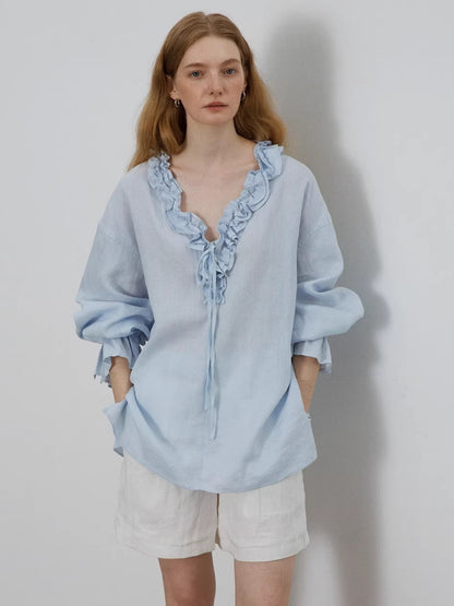blue V-Neck Tie Shirt