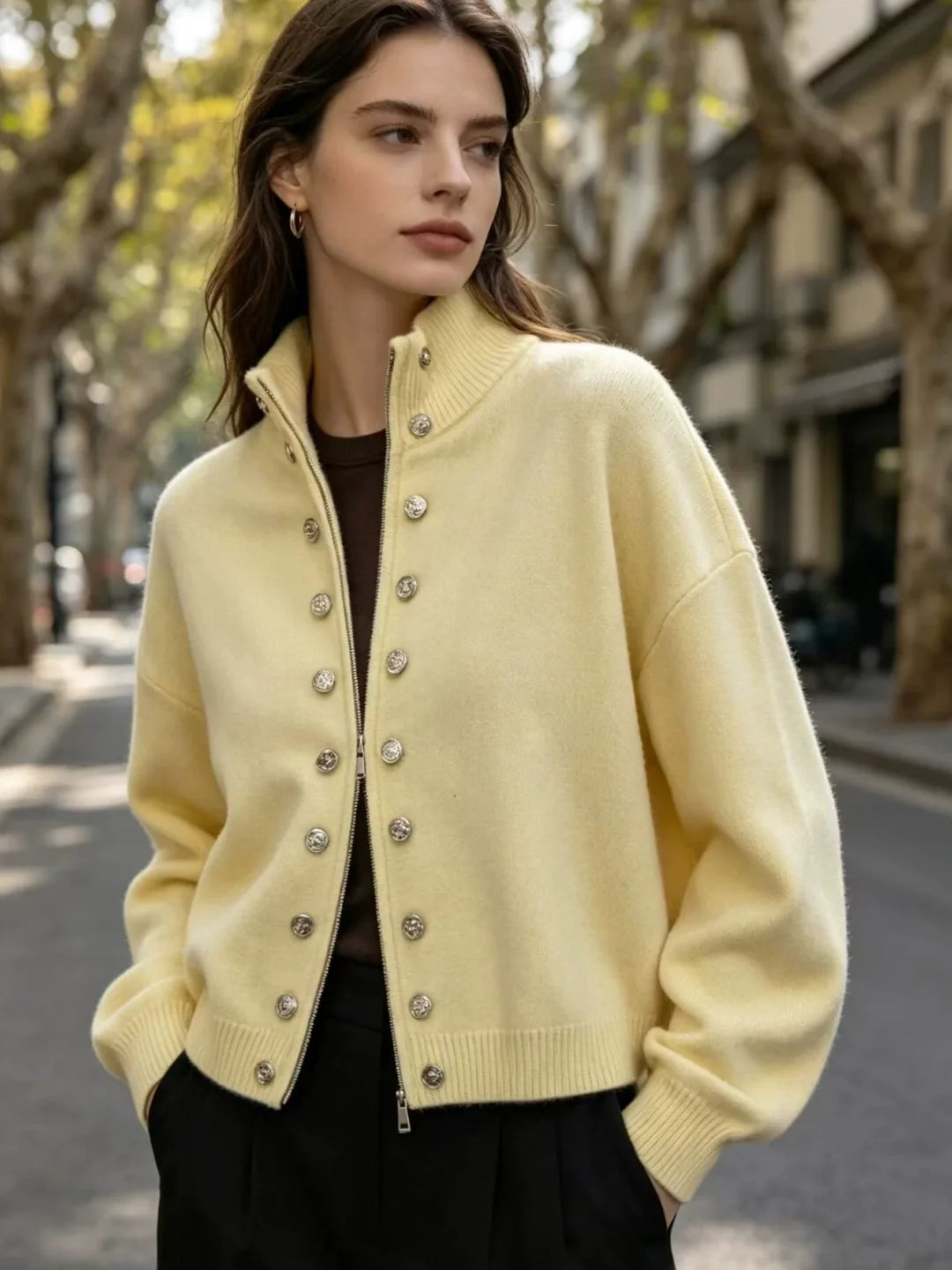 Double-breasted Zip-up knit Cardigan