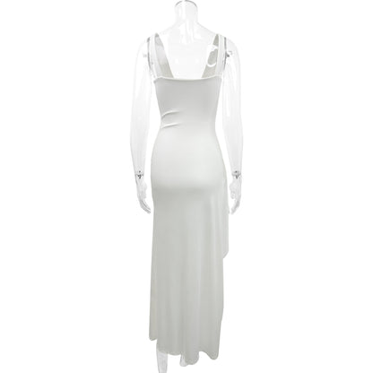 white High-slit deep V-neck slip dress
