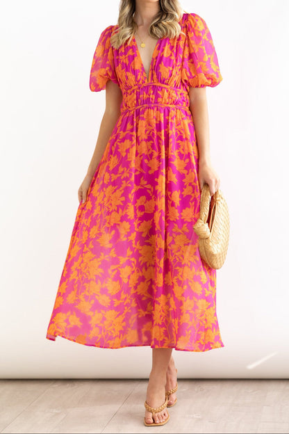 v-neck floral print puff sleeve midi dress - red