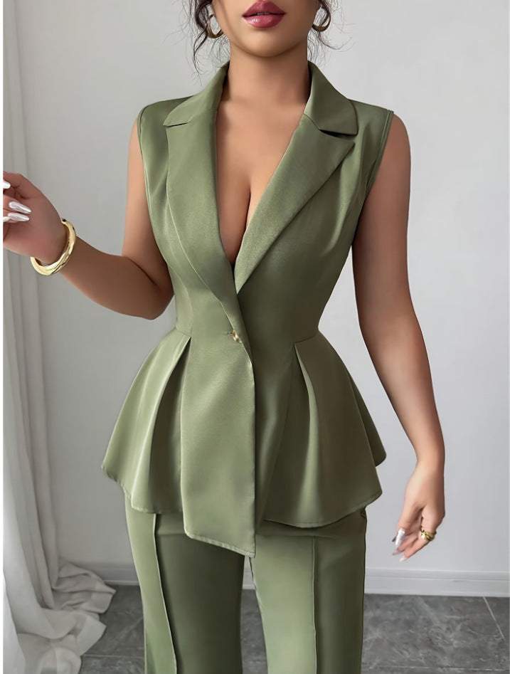 green Deep V-neck Sleeveless Pleated Top with Wide-Leg Pants Set