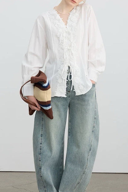 French V-neck tie-up lace embroidered jacquard shirt