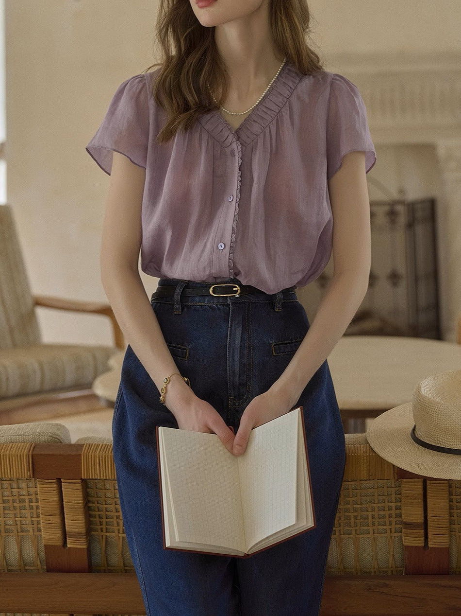 purple short-sleeve V-neck shirt