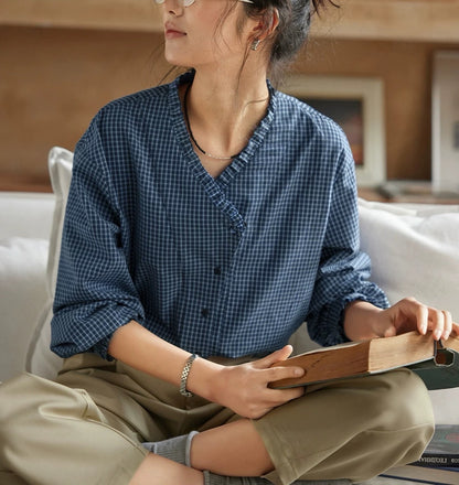 navy blue plaid V-neck ruffled  long-sleeve shirt