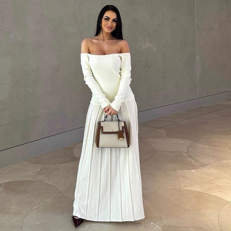 white Off-Shoulder Long-Sleeve Slit Pleated Dress