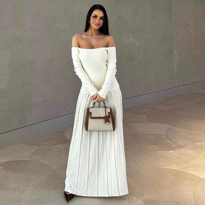white Off-Shoulder Long-Sleeve Slit Pleated Dress