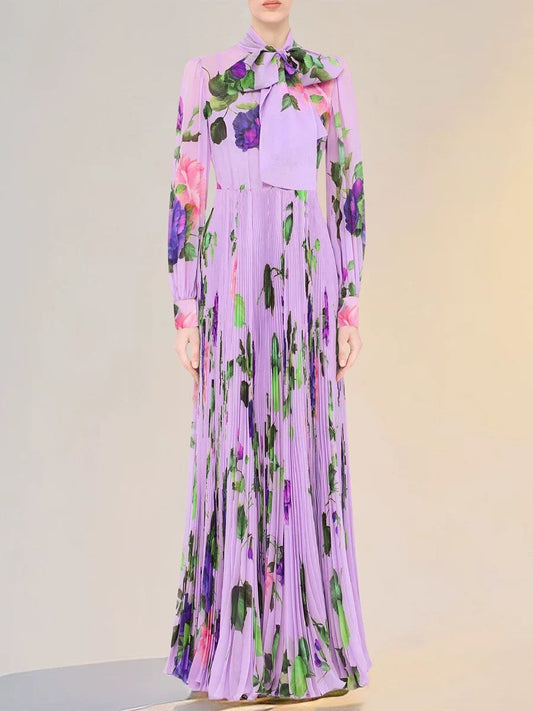 Purple floral print long-sleeved pleated maxi dress