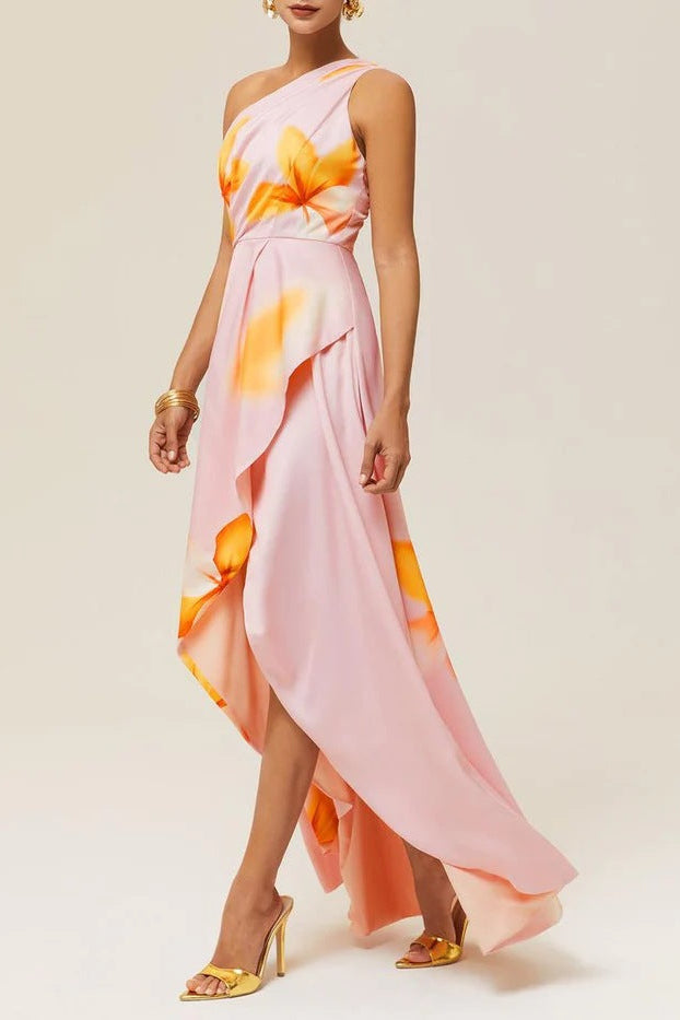 pink print hip hugging step maxi dress