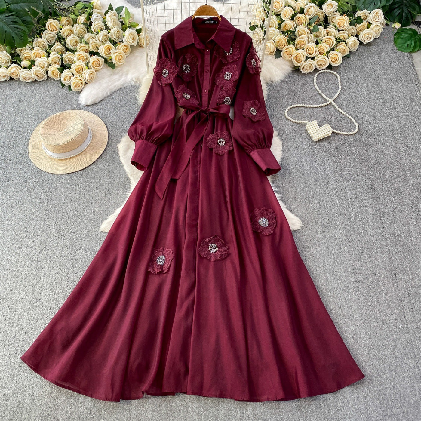 Summer Beaded 3D Floral Collar maxi Dress