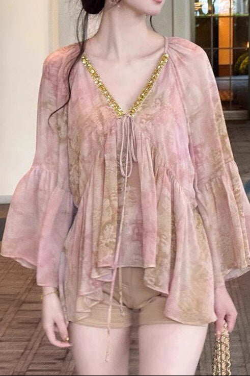 Sequined floral chiffon blouse