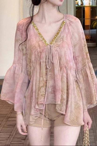 Sequined floral chiffon blouse