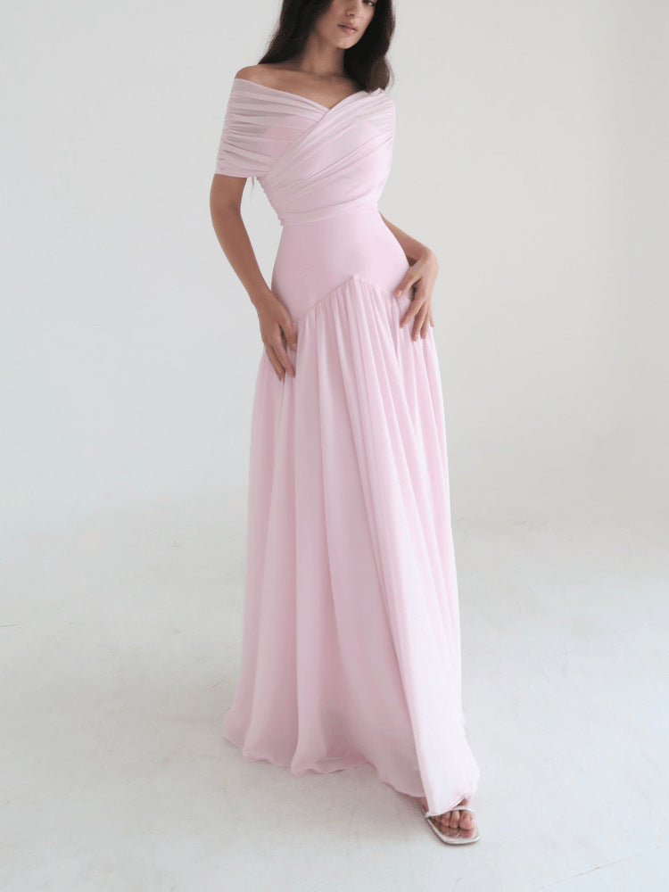 off-shoulder Criss-cross design ruched maxi dress in pink
