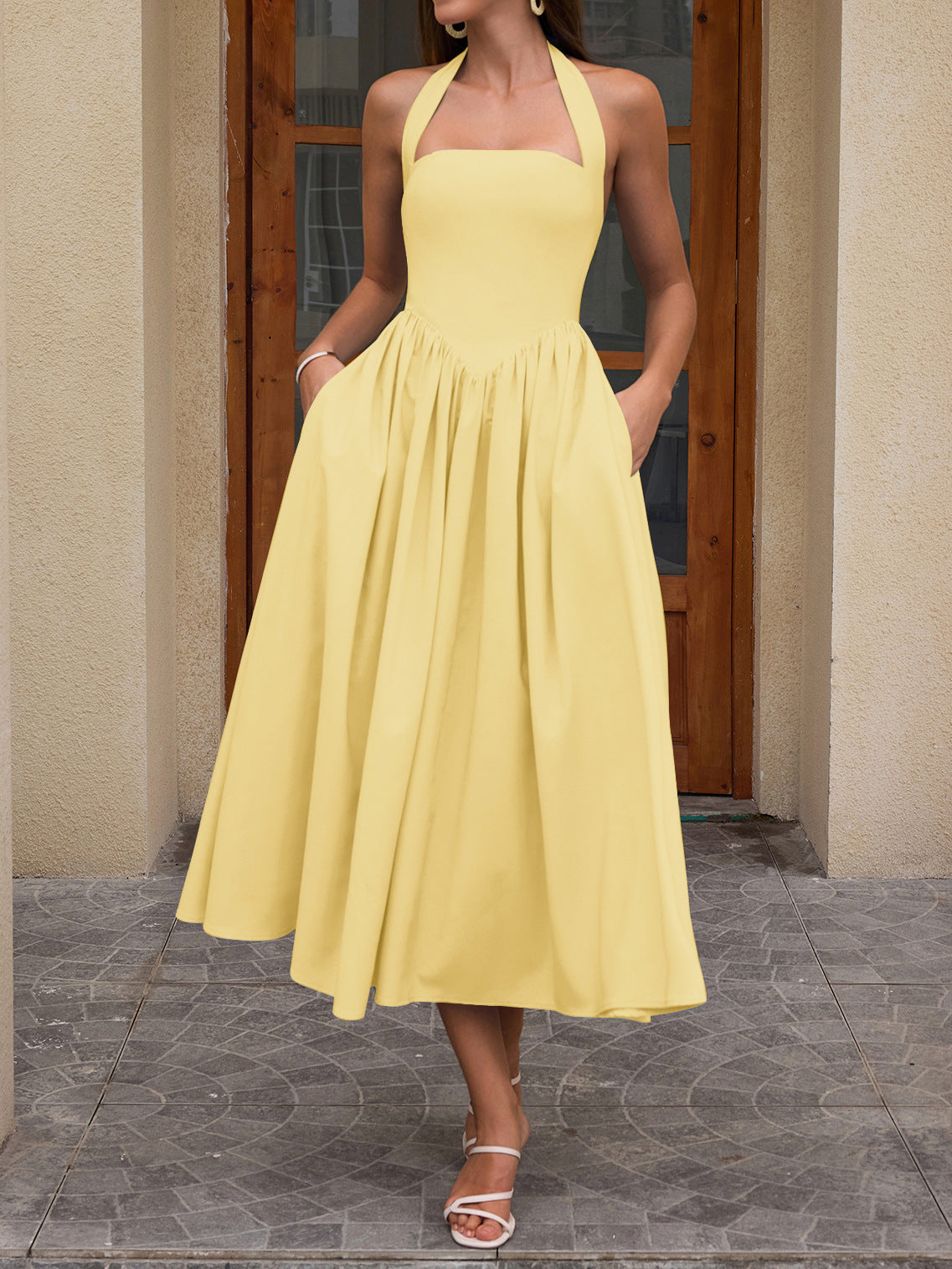 yellow halterneck strap backless midi dress