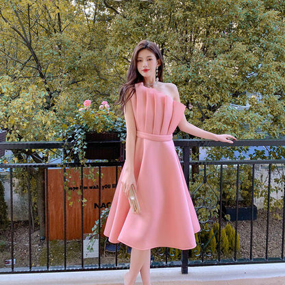 Dolores Ruffled Hem Strapless One-Shoulder Full midi Dress
