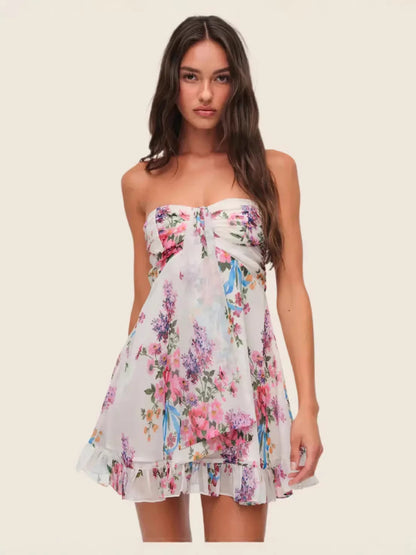 Floral print strapless chiffon ruffled mini dress