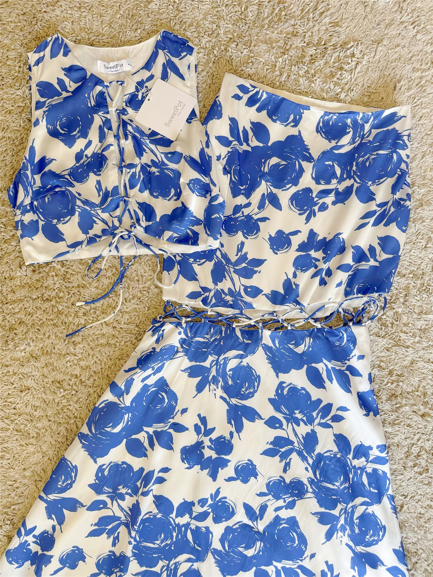 Sleeveless Tie Crop Top & Midi Skirt Floral Two-Piece Set