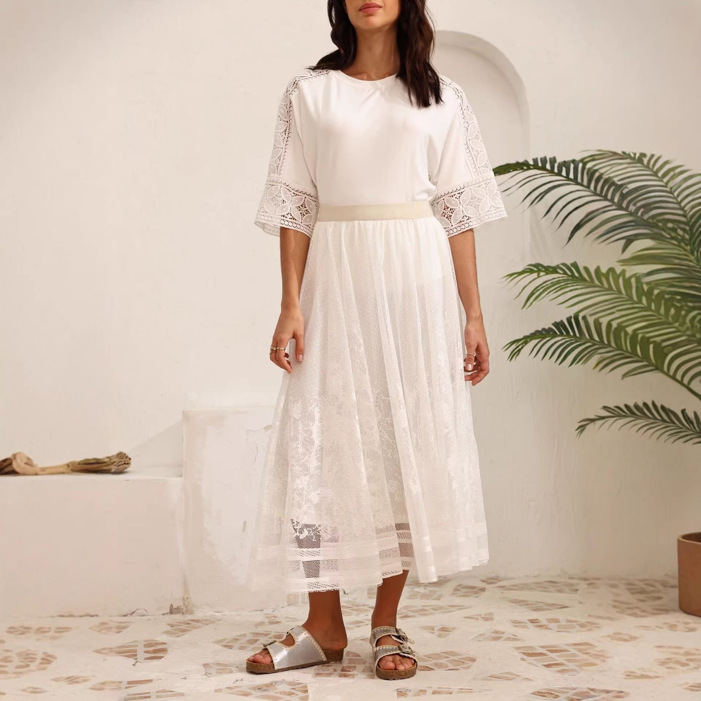 European and American cross-border foreign trade women's jacquard mesh A-line skirt French elegant commuting versatile breathable white skirt