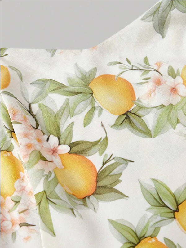 Lemon Bow Floral Suspender Waist Open Back  Dress