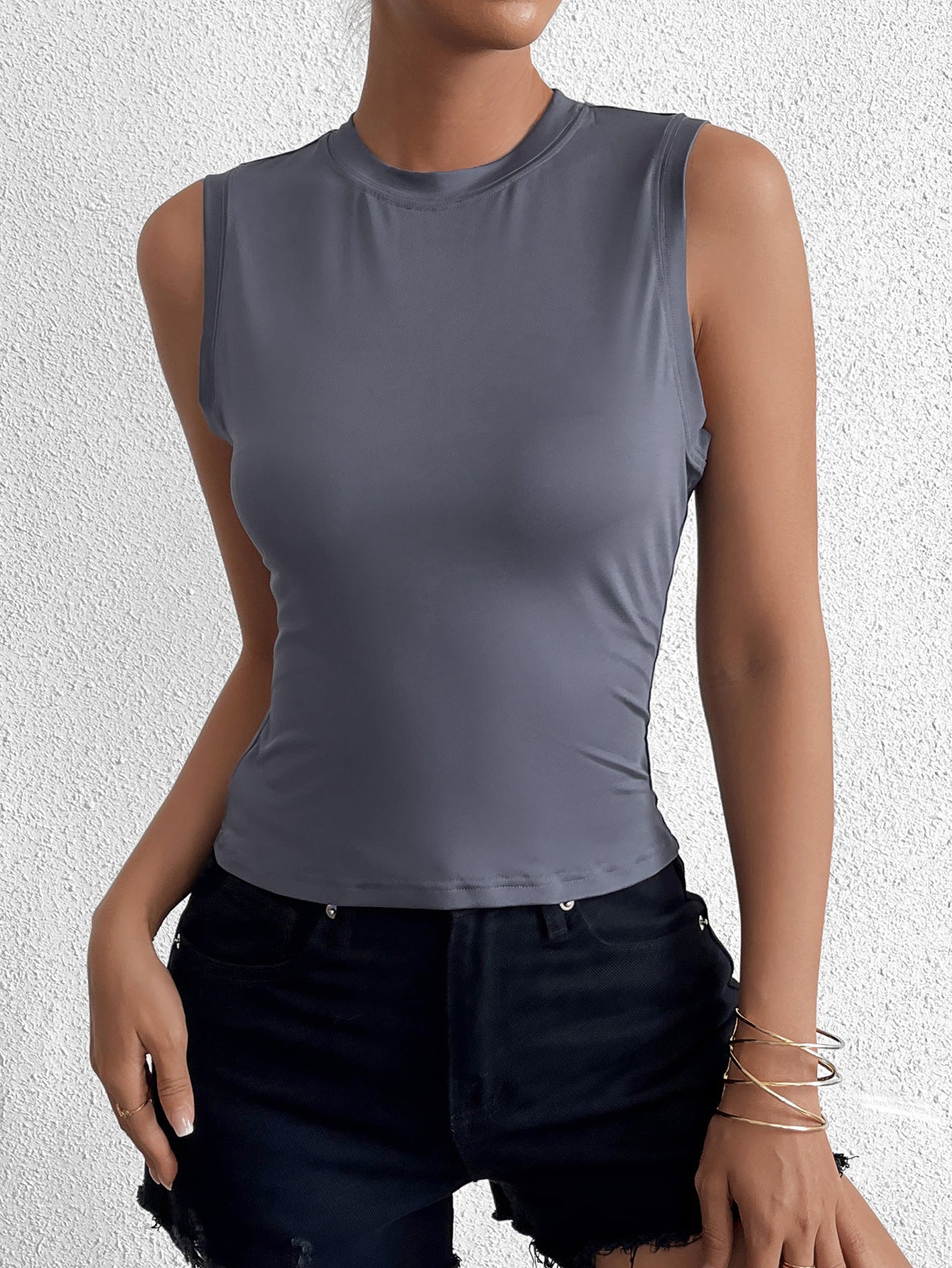 grey-blue sleeveless crew neck milk silk short tank top